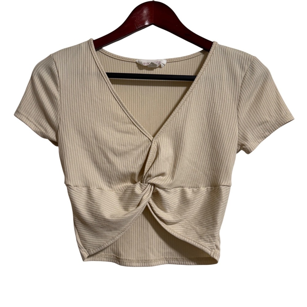 Pink Rose Womens Beige Ribbed Short Sleeve Front Twist V-Neck Crop Top Small
